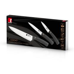 Komplet treh kuhinjskih nožev Copper v embalaži z ergonomskimi črnimi ročaji.