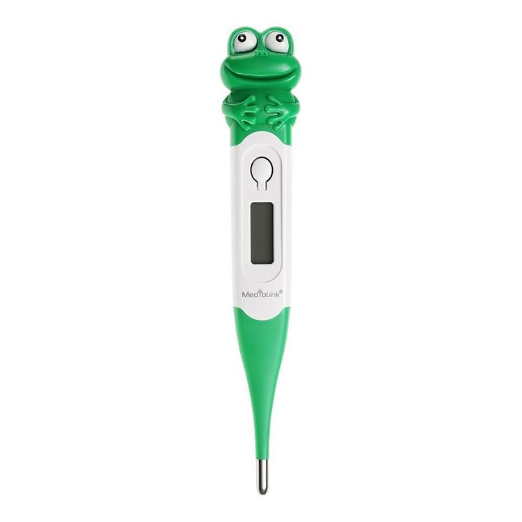 Otroški digitalni termometer v obliki žabice s preglednim zaslonom za merjenje telesne temperature.