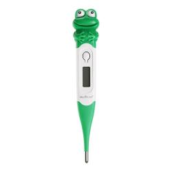 Otroški digitalni termometer v obliki žabice s preglednim zaslonom za merjenje telesne temperature.