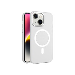Prozoren, rahlo matiran zaščitni ovitek z MagSafe magnetnim obročem za Apple iPhone 15 v beli barvi