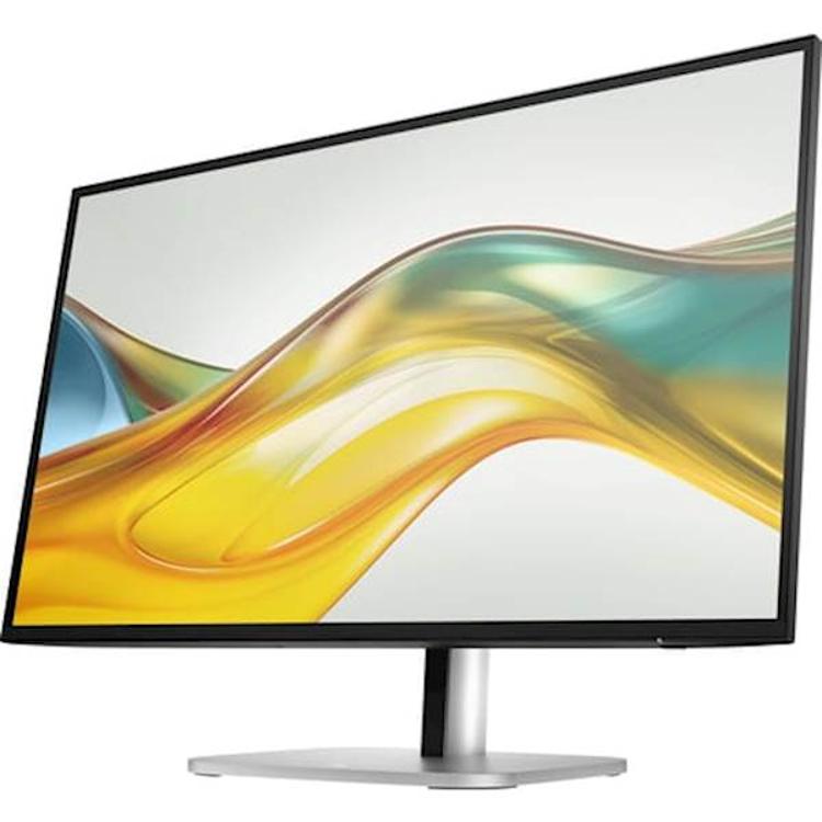 HP Series 5 Pro monitor z ozkimi robovi in prikazano abstraktno rumeno-zeleno grafiko na zaslonu.