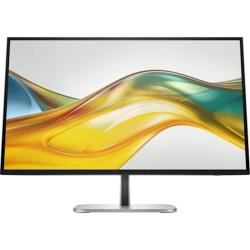 Sprednji pogled na HP Series 5 Pro 27 QHD monitor z ozkimi robovi, srebrnim stojalom in abstraktno rumeno-zeleno grafiko na zaslonu.