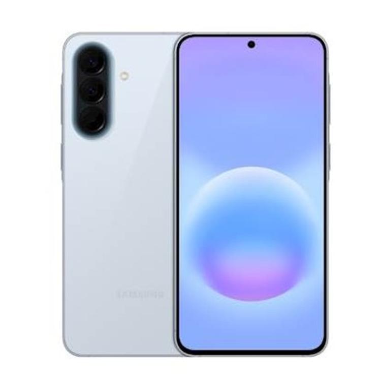 Sprednji in zadnji pogled na telefon Samsung Galaxy z osrednjo kamero na zaslonu in trojno kamero zadaj, barva icyblue.