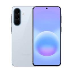 Sprednji in zadnji pogled na telefon Samsung Galaxy z osrednjo kamero na zaslonu in trojno kamero zadaj, barva icyblue.