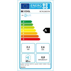 Energijska nalepka za klimatsko napravo BE COOL BC7KL2601FW z energijskim razredom A, hladilno močjo 2,1 kW, učinkovitostjo EER 2,6, porabo 0,8 kWh/60 min in glasnostjo 65 dB.