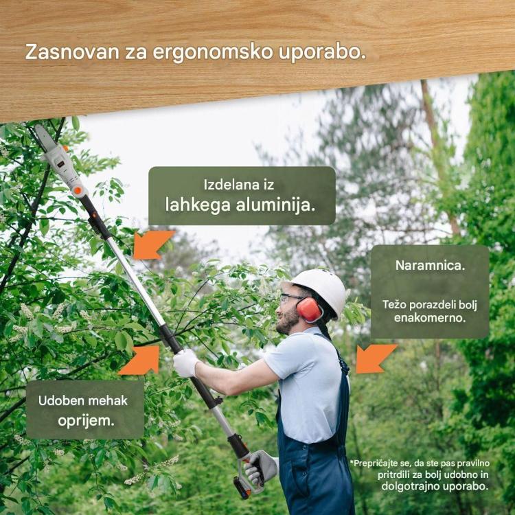 Akumulatorska teleskopska verižna žaga VonHaus med obrezovanjem vej, z lahkim aluminijastim drogom, mehkim oprijemom in naramnico za udobnejšo uporabo.