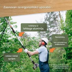 Akumulatorska teleskopska verižna žaga VonHaus med obrezovanjem vej, z lahkim aluminijastim drogom, mehkim oprijemom in naramnico za udobnejšo uporabo.