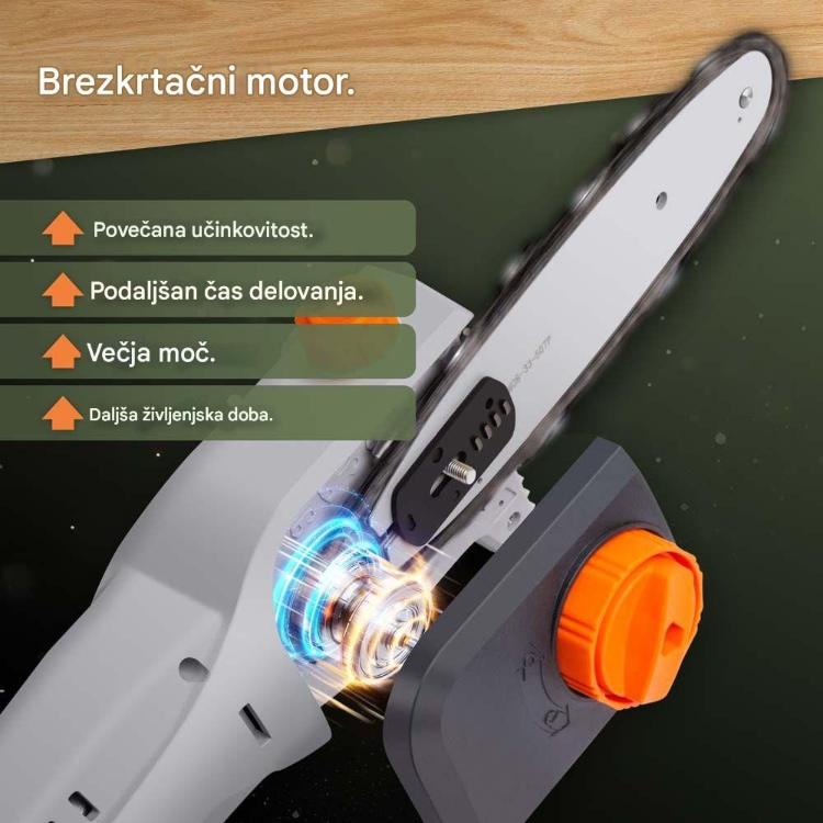 Prikaz brezkrtačnega motorja v akumulatorski teleskopski verižni žagi VonHaus, ki zagotavlja večjo moč, daljši čas delovanja in daljšo življenjsko dobo.