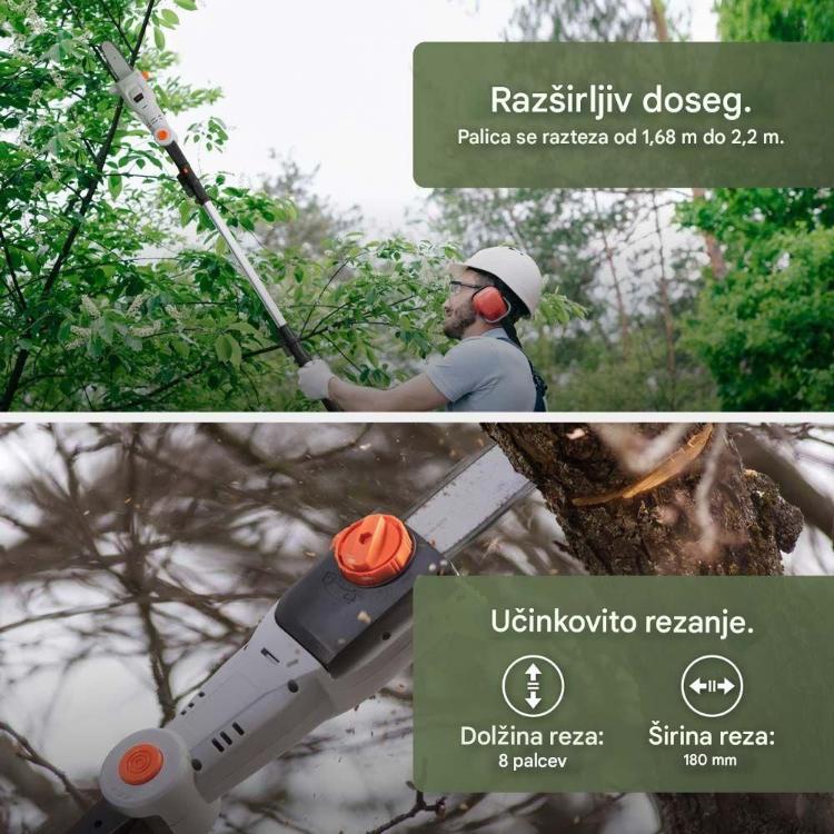 Akumulatorska teleskopska verižna žaga VonHaus z raztegljivim drogom za enostavno obrezovanje višje ležečih vej.