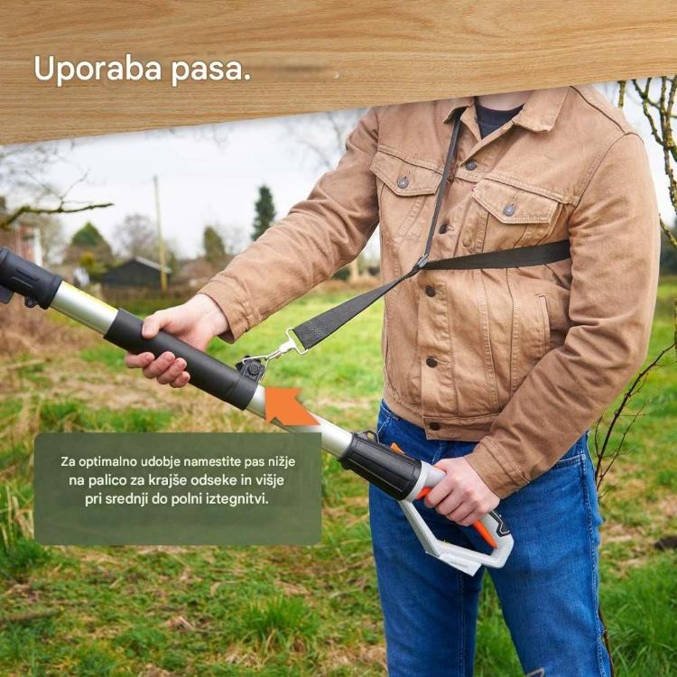 Prikaz pravilne uporabe naramnice na teleskopski verižni žagi VonHaus za boljšo porazdelitev teže med delom.