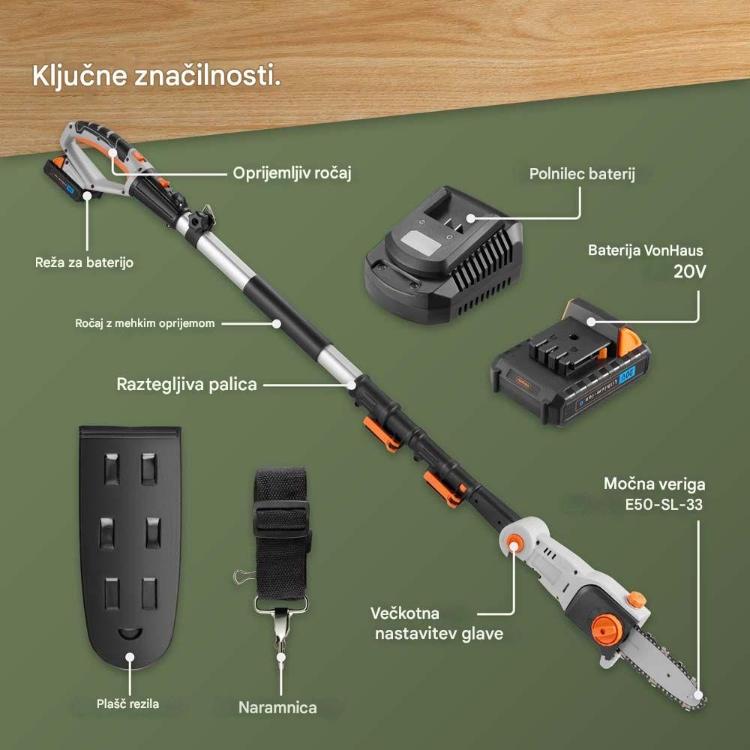 Akumulatorska teleskopska verižna žaga VonHaus z raztegljivim drogom, 20 V baterijo, polnilnikom, naramnico in zaščitnim pokrovom verige.