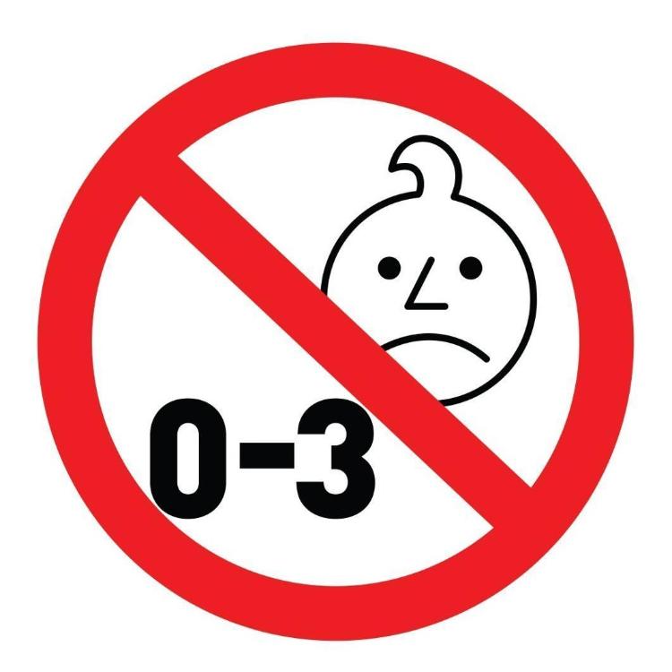 Opozorilni simbol prepovedi za otroke od 0 do 3 let zaradi majhnih delov.