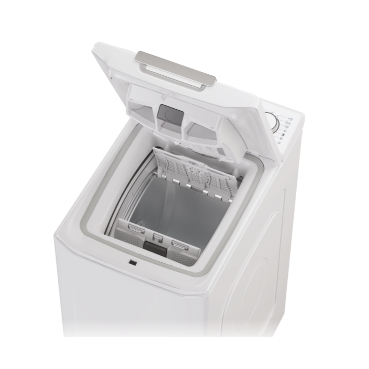 Pralni stroj z odprtim pokrovom in vidnim bobnom