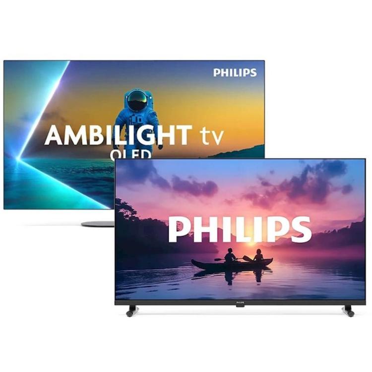 Philips TV: dva televizorja, zadnji z Ambilight osvetlitvijo, sprednji brez Ambilight, prizor čolna ob sončnem zahodu