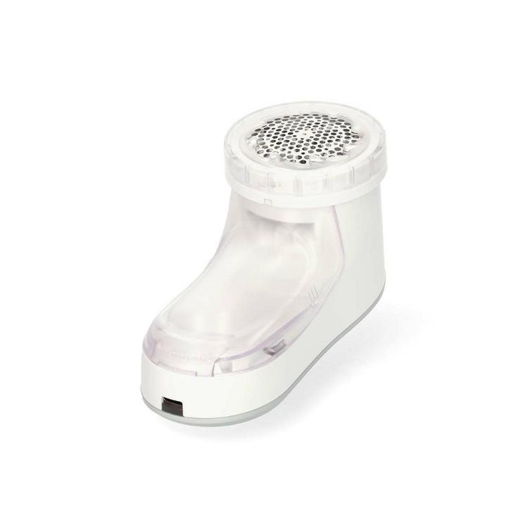 Nedis VCRLR10WT, pogled pod kotom: Ergonomsko oblikovan odstranjevalec vlaken s snemljivo zbiralno posodo in rezalno glavo.