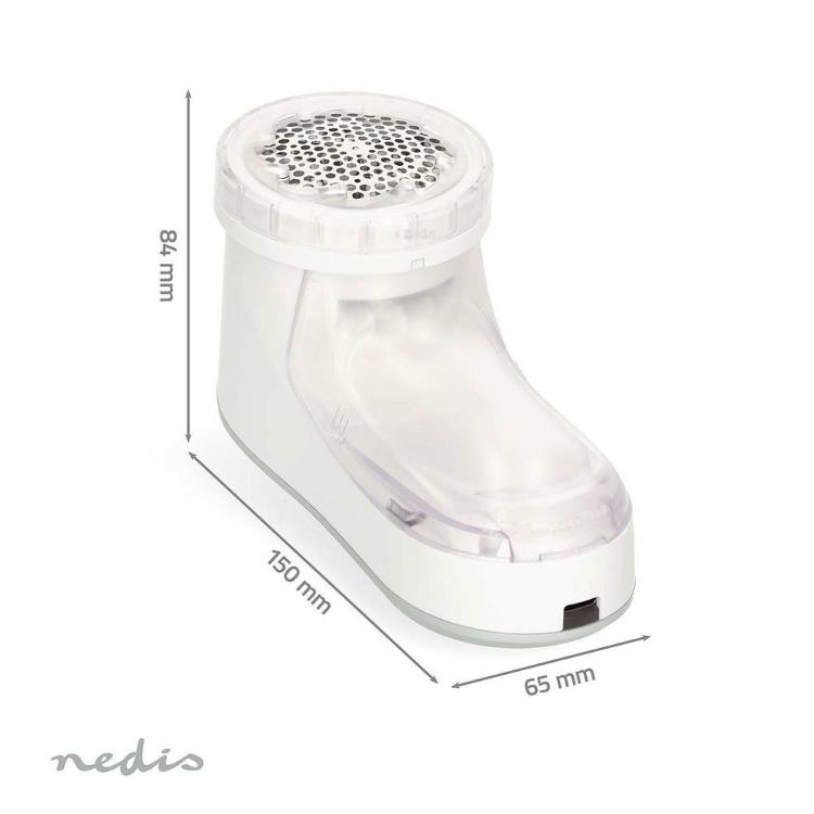 Nedis VCRLR10WT z merami: Kompaktni odstranjevalec vlaken dimenzij 150 × 84 × 65 mm s prozorno zbiralno posodo.