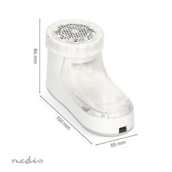 Nedis VCRLR10WT z merami: Kompaktni odstranjevalec vlaken dimenzij 150 × 84 × 65 mm s prozorno zbiralno posodo.