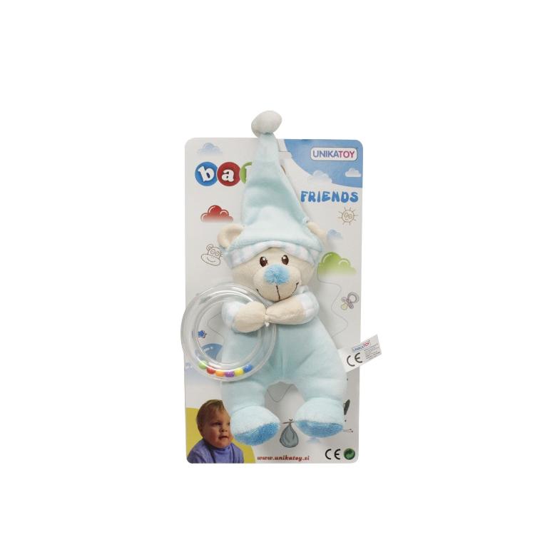Plišasti medvedek z ropotuljo Unikatoy Baby 18 cm, moder