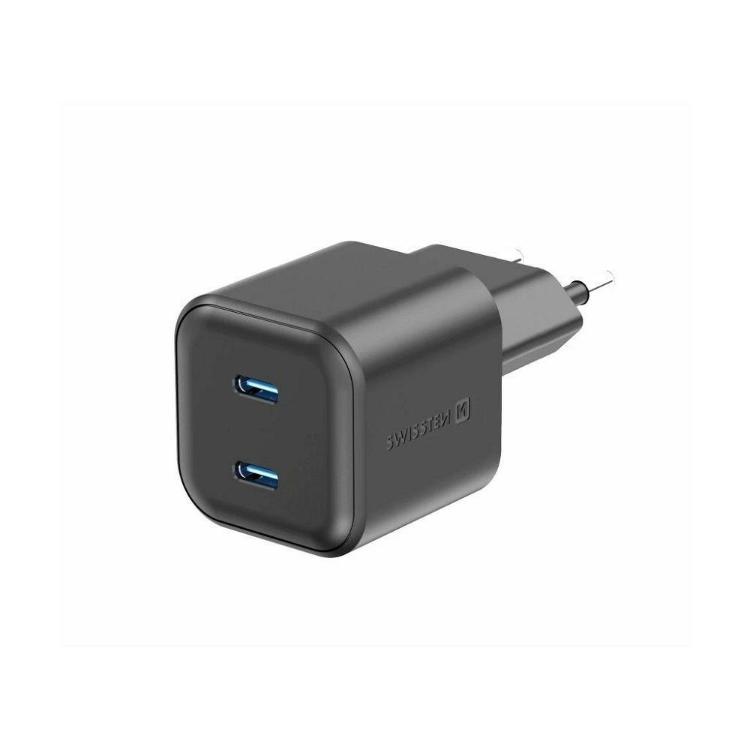 Kompaktni stenski polnilnik Swissten GaN z dvema USB‑C priključkoma in podporo Power Delivery 20 W omogoča hitro ter učinkovito polnjenje pametnih telefonov, tablic in drugih združljivih naprav.