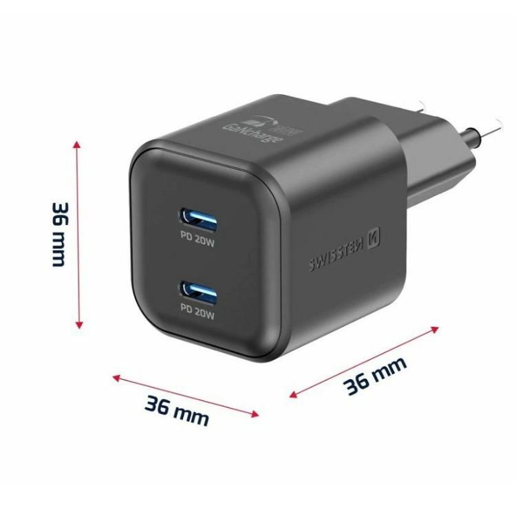 Hitri polnilnik Swissten GaN 2× USB‑C PD 20 W z elegantnim črnim ohišjem omogoča sočasno polnjenje dveh naprav ter zagotavlja varno, stabilno in hitro napajanje doma, v pisarni ali na poti.