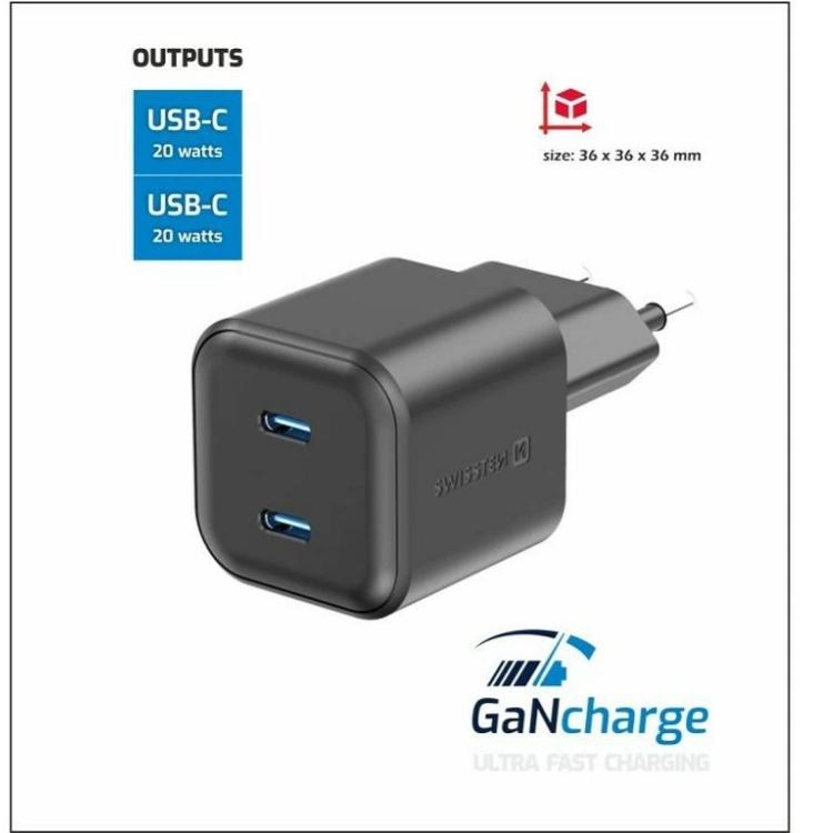 Swissten GaN polnilnik z napredno tehnologijo GaN, dvema USB‑C izhodoma in izjemno kompaktnimi dimenzijami 36 × 36 × 36 mm združuje visoko zmogljivost, majhnost in priročnost za vsakodnevno uporabo.