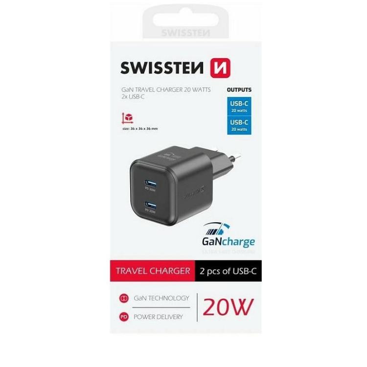 Kompaktni stenski polnilnik Swissten GaN Travel Charger z dvema USB‑C priključkoma in podporo Power Delivery 20 W omogoča hitro, varno in učinkovito polnjenje pametnih telefonov, tablic ter drugih sodobnih naprav.