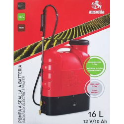 Embalaža Ausonia 16 L električne škropilnice z označeno litijevo baterijo, kapaciteto 12 V / 10 Ah in poudarkom na lahki zasnovi (3,7 kg)