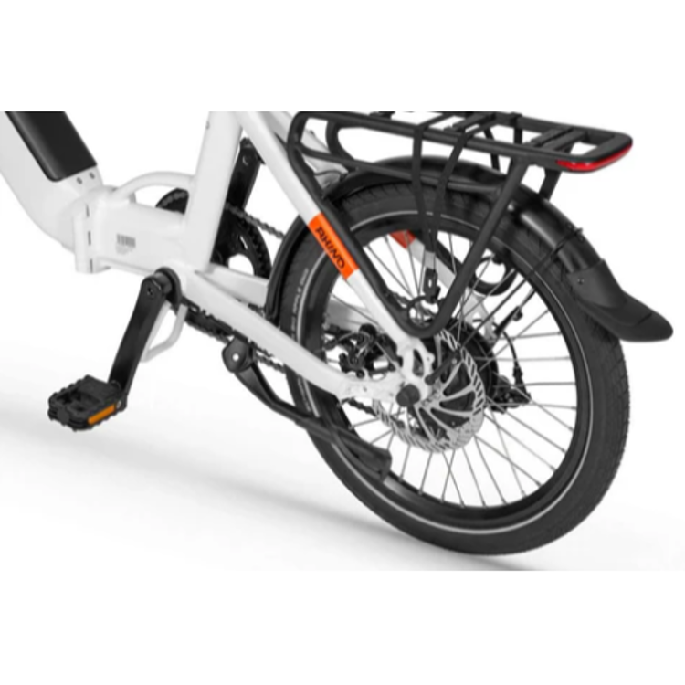 Ecobike električno kolo: zadnje kolo z disk zavoro, menjalnikom, prtljažnikom, blatnikom in LED lučjo.