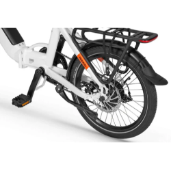 Ecobike električno kolo: zadnje kolo z disk zavoro, menjalnikom, prtljažnikom, blatnikom in LED lučjo.