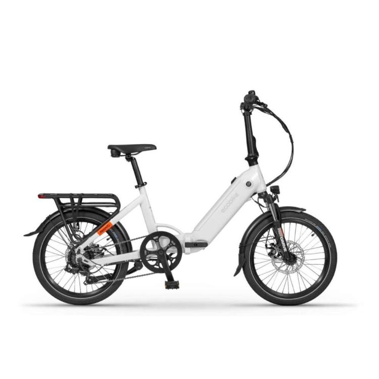 Ecobike električno kolo: belo zložljivo e‑kolo z nizkim okvirjem, prtljažnikom, blatniki in disk zavorami.