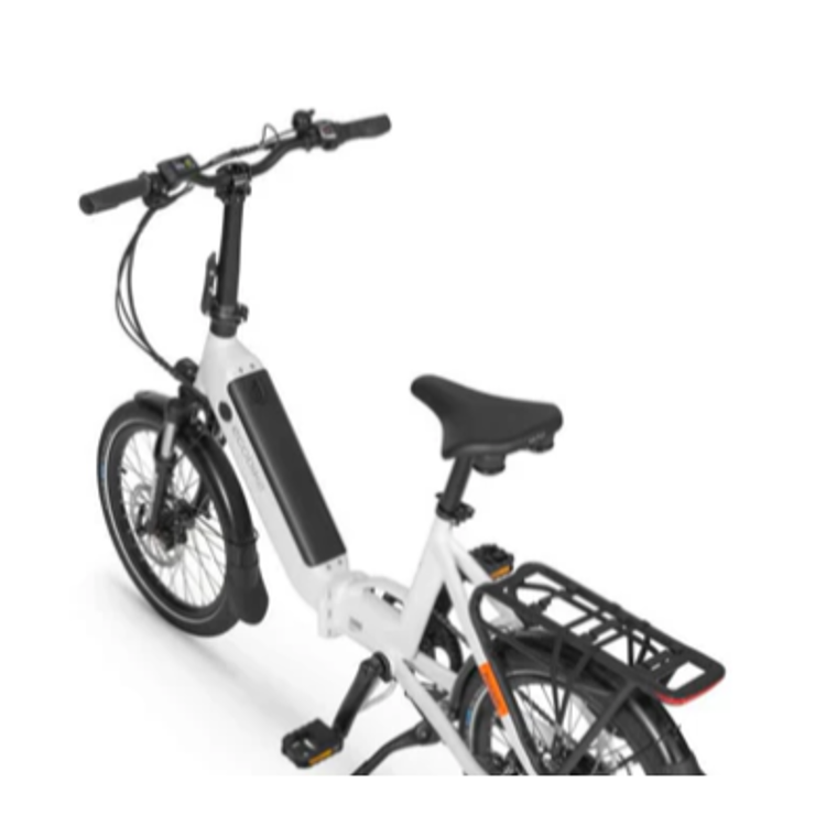 Ecobike električno kolo: pogled zadaj na belo e‑kolo z baterijo v okvirju, prtljažnikom in nastavljivim krmilom.