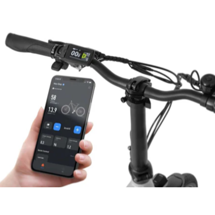 Ecobike električno kolo: krmilo z LCD zaslonom in telefonom, aplikacija prikazuje podatke o vožnji.