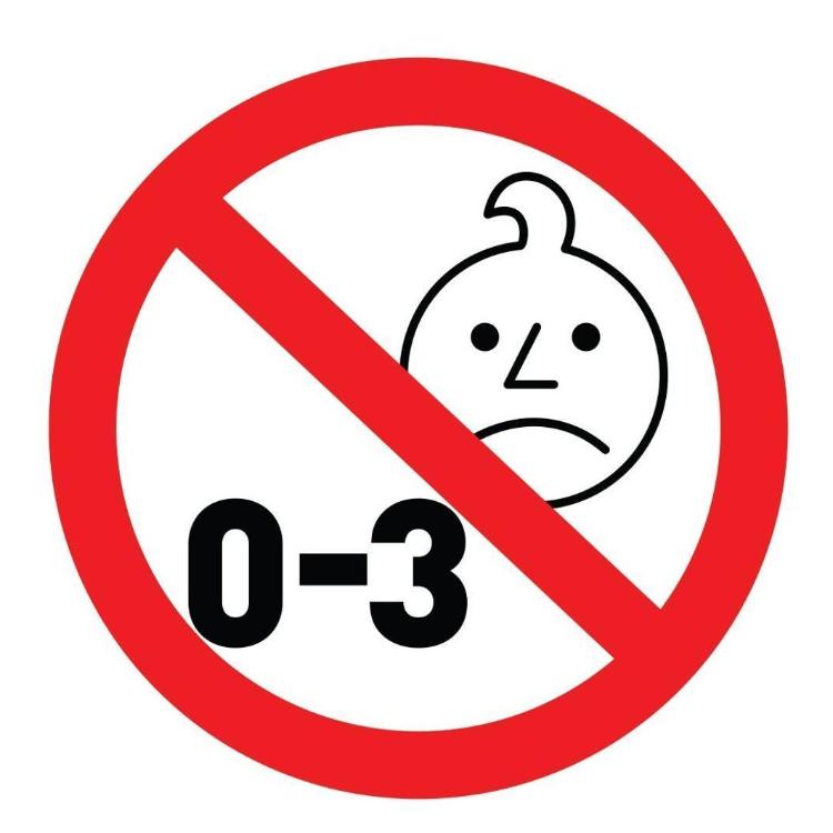 Opozorilni simbol prepovedi za otroke od 0 do 3 let zaradi majhnih delov.