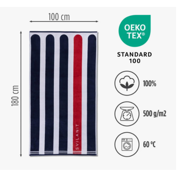 Kopalna brisača Svilanit 100×180 cm, OEKO‑TEX Standard 100, 100% bombaž, 500 g/m², pranje 60 °C.