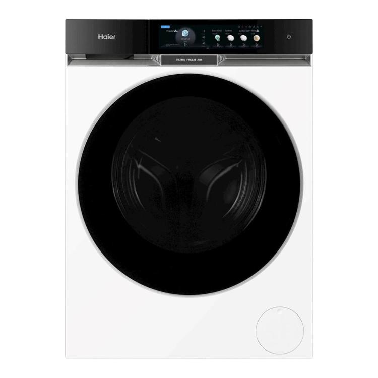 Sprednji pogled na pralni stroj Haier HW100-BD14611U1S z velikimi črnimi vrati, barvnim zaslonom na dotik in tehnologijo Ultra Fresh Air.