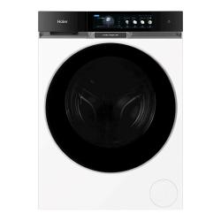 Sprednji pogled na pralni stroj Haier HW100-BD14611U1S z velikimi črnimi vrati, barvnim zaslonom na dotik in tehnologijo Ultra Fresh Air.