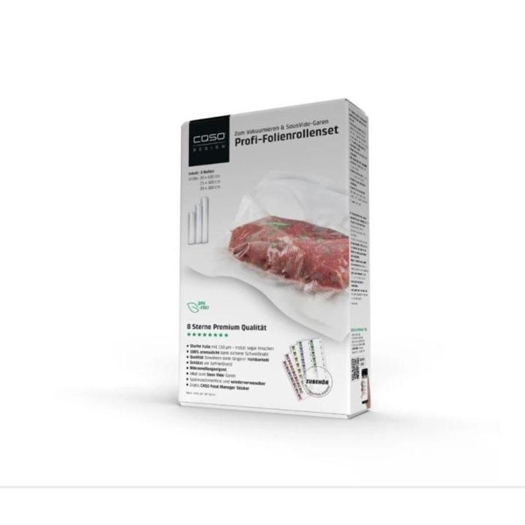 Komplet vakuumskih folij CASO Profi vključuje tri role različnih širin in omogoča izdelavo vakuumskih vrečk po meri za shranjevanje, zamrzovanje in sous-vide pripravo živil.
