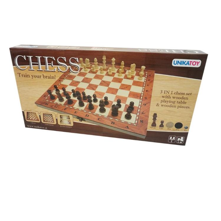Igra šah leseni 3 v 1 Unikatoy, 34 x 34 cm_1