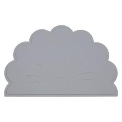 FreeON silikonski podstavek v sivi barvi z motivom mucke, prikazan s sprednje strani kot podloga za zaščito mize med hranjenjem.
