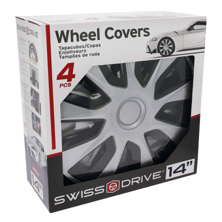 Škatla z napisom “Wheel Covers 4 PCS”; skozi okno viden srebrn pokrov platišča z več odprtinami