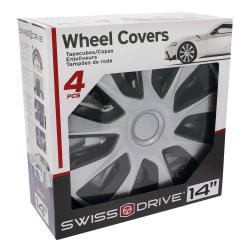 Škatla z napisom “Wheel Covers 4 PCS”; skozi okno viden srebrn pokrov platišča z več odprtinami