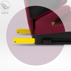 MoMi avtosedež v bordo rdeči barvi, prikazan z izvlečenima ISOFIX-pritrdilnima nastavkoma za varno namestitev v vozilo.