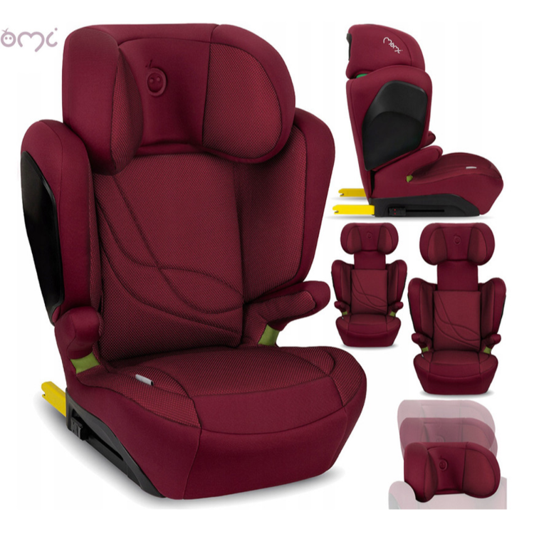 MoMi avtosedež v bordo rdeči barvi, prikazan v več pogledih z nastavljivim vzglavnikom, bočnimi zaščitami in ISOFIX-pritrditvijo.
