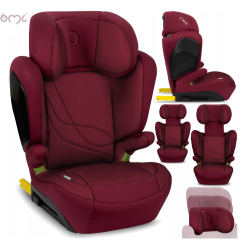 MoMi avtosedež v bordo rdeči barvi, prikazan v več pogledih z nastavljivim vzglavnikom, bočnimi zaščitami in ISOFIX-pritrditvijo.