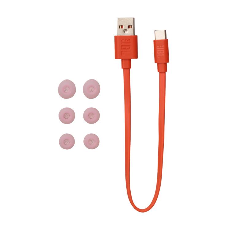 Dodatki JBL Vibe Beam: USB‑C kabel in komplet silikonskih ušesnih nastavkov.