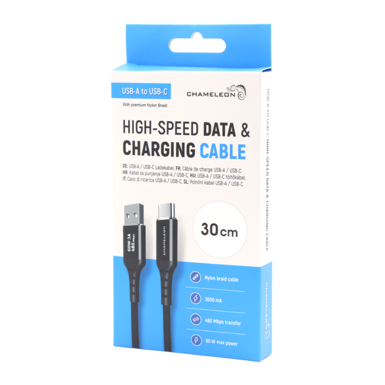 Embalaža kabla Chameleon USB‑A na USB‑C dolžine 30 cm z najlonskim opletom za hitro polnjenje in prenos podatkov.