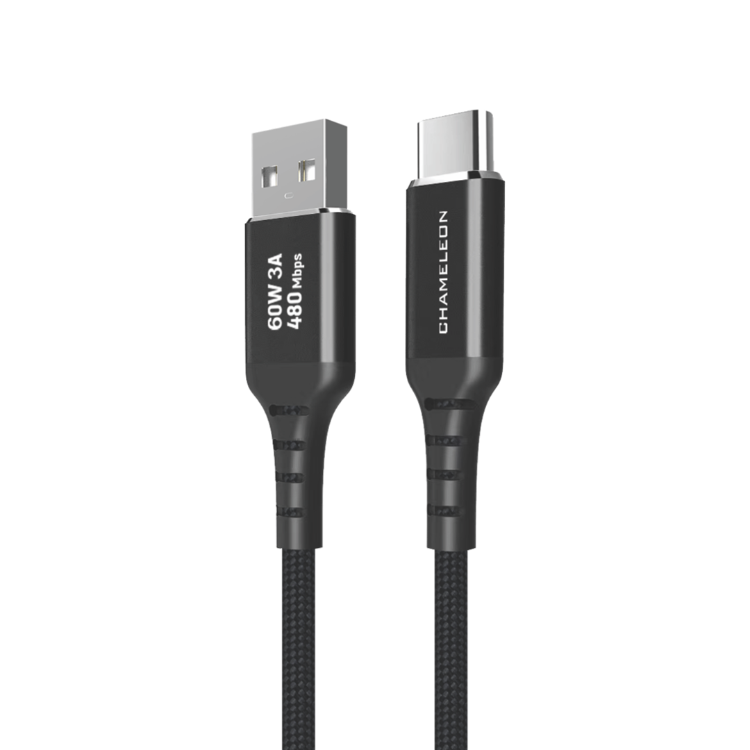 Chameleon USB‑A na USB‑C kabel z najlonskim opletom, podporo do 3 A polnjenja in hitrostjo prenosa podatkov do 480 Mb/s.
