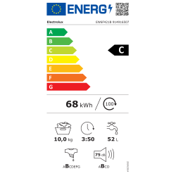 Energijska nalepka za pralni stroj Electrolux EW6F421B z energijskim razredom C, porabo 68 kWh na 100 ciklov, zmogljivostjo 10 kg, porabo 52 L vode na cikel, trajanjem programa 3 h 50 min in glasnostjo 75 dB pri ožemanju.