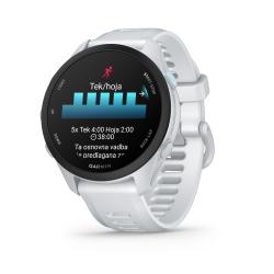 Garmin Forerunner 70, bela športna GPS ura s predlagano tekaško vadbo in silikonskim paščkom.