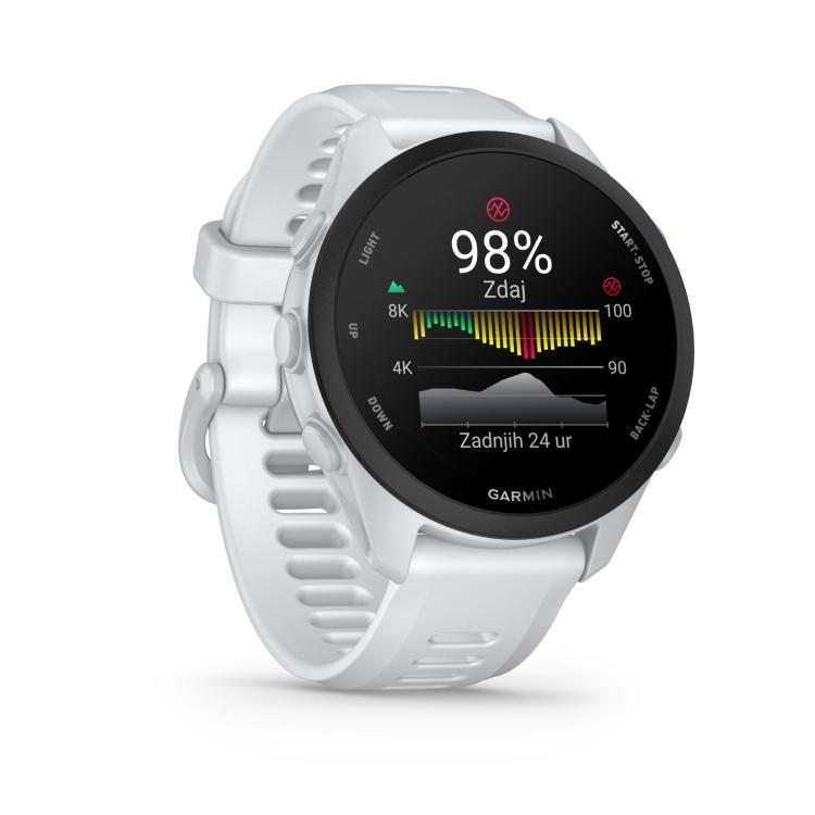 Garmin Forerunner 70, bela športna ura s prikazom nasičenosti krvi s kisikom (SpO2) in trendom meritev.